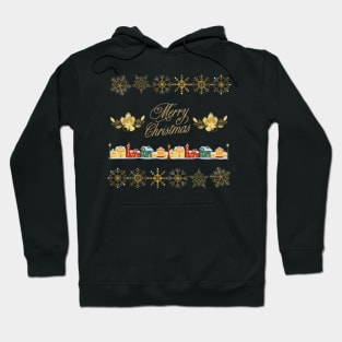 Merry Christmas Gold Theme Village with Snowflakes and Bells Hoodie